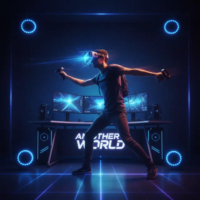 Gamer wearing a VR headset posing dynamically in a futuristic, blue neon-lit gaming room.